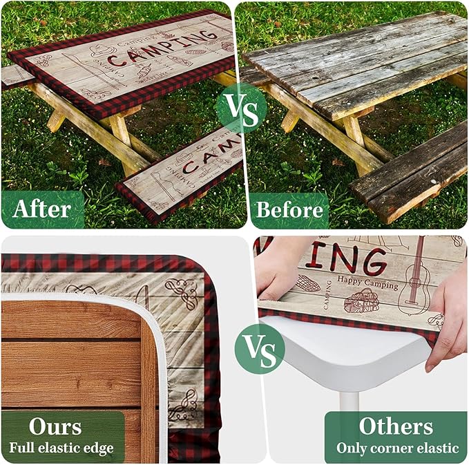 Picnic Table Cover with Bench Covers Elastic Edges, Red Plaid Fitted Table Cover, Outdoor Patio Camping Essentials 72 Inch 3PCS, Waterproof Camping Fitted Tablecloth with Drawstring Bag