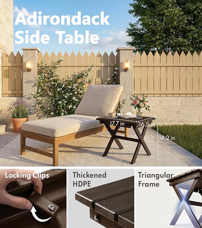 PASAMIC Folding Outdoor Side Table, HDPE Adirondack Patio End Table, Portable, No Assembly, Weather-Resistant for Camping, RV, Poolside, Garden, Indoor & Outdoor Use (Brown)