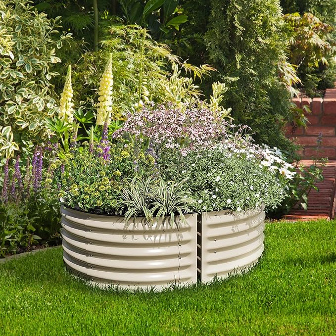 Aoodor 42" L x 24" W x 17" H Half Moon Galvanized Raised Garden Bed, Durable Semi-Circular Outdoor Planter Boxes for Vegetables, Flowers, and Herbs, Set of 2, Beige