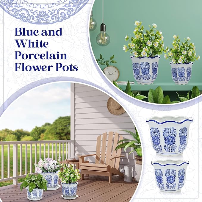 Set of 3 Blue and White Porcelain Flower Pots 7.2'' 6'' 4'' Decorative Chinoiserie Plant Pots with Drainage Hole Saucers Ceramic Planters for Indoor Garden(Classic Style)