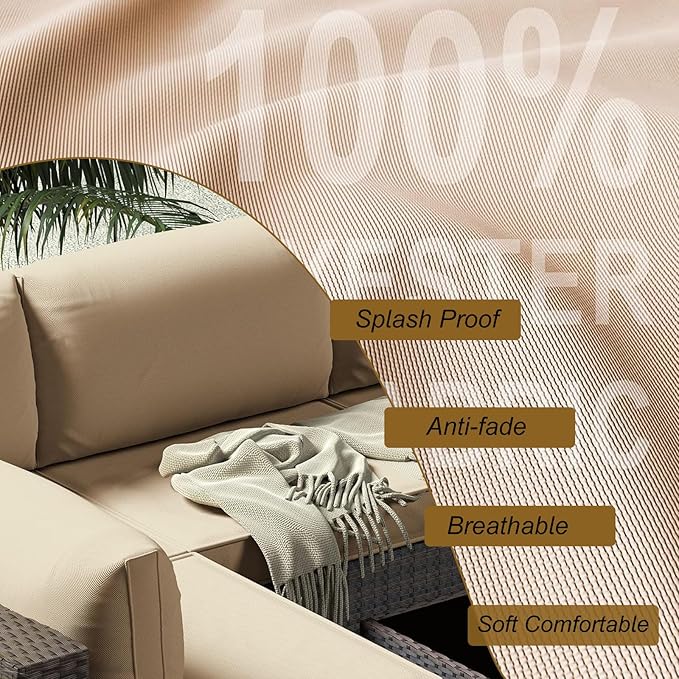 14 Piece Outdoor Patio Cushion Cover Replacement, Waterproof Patio Cushion Covers, Outdoor Furniture Cushion Covers Set for 6 Seat Wicker Rattan Sofa (Khaki)