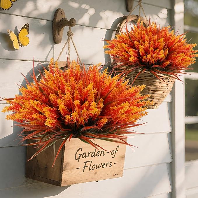 Geegoods 24 Bundles Artificial Fall Flowers Outdoor – Faux Lavender Flowers with Monkey Grass UV Resistant Plastic Faux Plants for Garden Porch Patio Home Decor, Autumn-Orange Color (Pack of 2)