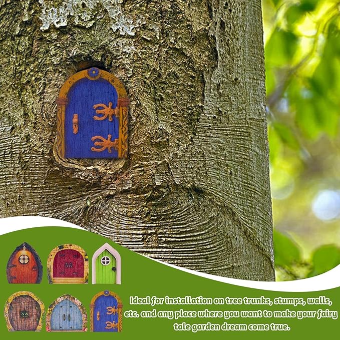 6 PCS Mini Fairy Garden Door for Tree, Miniature Fairy Door for Fairytale Tiny House Doors, Bonsai Terrarium Micro Landscape Decoration Accessories