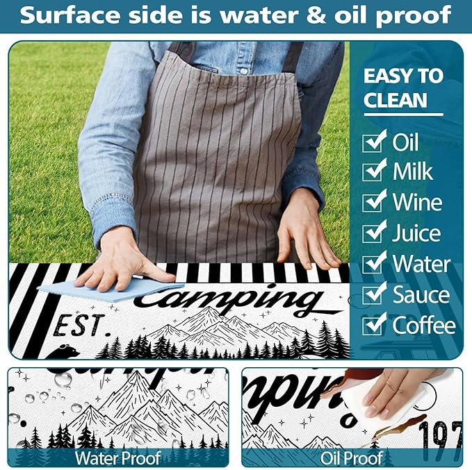 3PCS Picnic Table Cover with Bench Covers Black Stripe Bear Pattern Camping Tablecloth Fitted Picnic Picnic Table Cover with Elastic Windproof Waterproof, Outdoor Camping Accessories 96IN