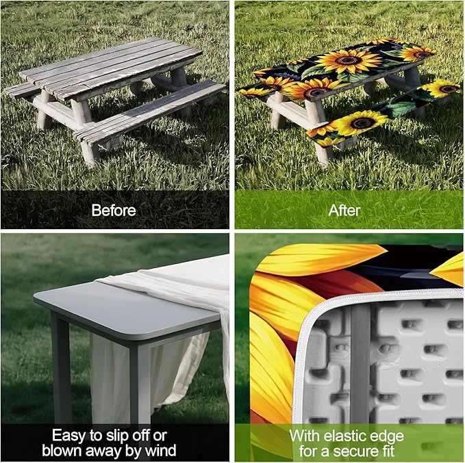 Sunflower Field Picnic Table Cover with Bench Covers Set of 3 - Bright Yellow Sunflowers Full Print, Elastic Fitted Tablecloth for 6 Ft Tables, Washable Polyester Cover for Garden, Indoor & Outdoor