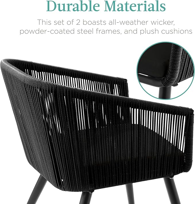 Best Choice Products Set of 2 Patio Dining Chairs, Outdoor Seating for Backyard, Poolside, Balcony w/Woven Wicker Design, 250lb Weight Capacity - Black/Black