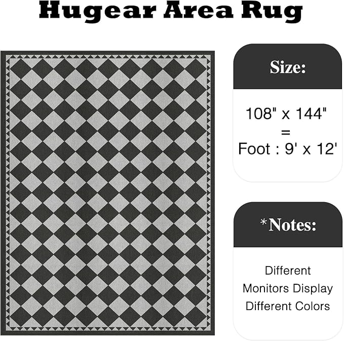 HUGEAR 9x12 Outdoor Rug Black/Grey Linen-Look Fabric Checkered Area Rug High Traffic Stain Resistant Easy Clean Durable Rugs for Indoor/Outdoor Patio Deck Balcony Porch Garden Courtyard