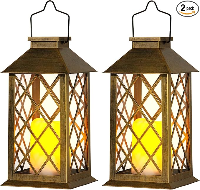 Otdair Solar Lanterns Outdoor Waterproof, 2 Pack 14" Solar Lantern with Glass Retro LED Flickering Flameless Candle,Lanterns Decorative Outdoor for Gift, Yard, Garden, Patio, Balcony, Brazen