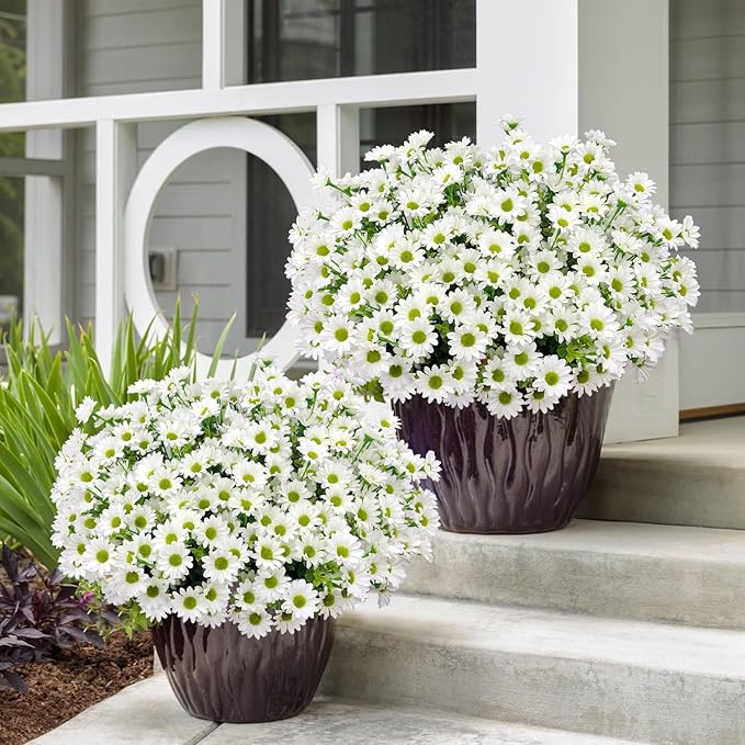 16 Bundles Silk Daisy Artificial Flowers for Outdoors UV Resistant Fake Daisies Plastic Plants Flower for Home Outside Front Door Porch Garden Patio Planters Decoration (White)