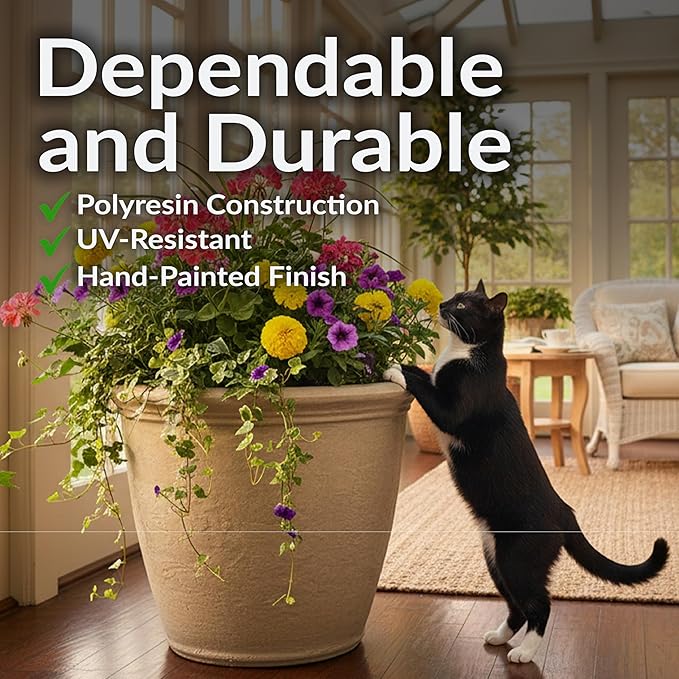 Sunnydaze 20-Inch Anjelica Large Plastic Pot for Plants - Outdoor Double-Walled Large Plastic Planter with Drillable Drainage Holes- Beige