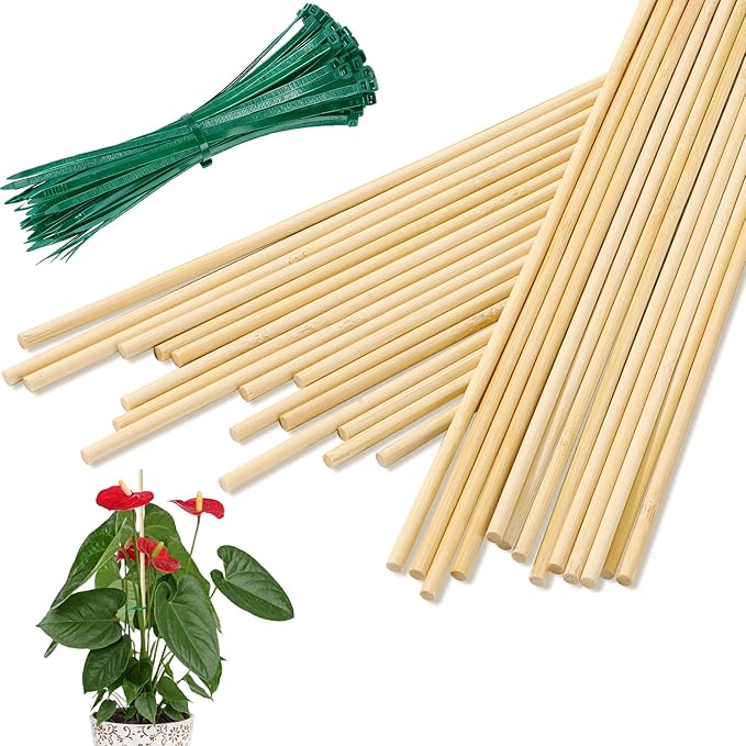 AUGSHY Plant Stakes 18 Inch, 40 PCS Natural Bamboo Garden Stakes which Green Ties Plants Support Stakes for Indoor Outdoor Plants Tomato Vegetable Beans Potted Climbing Plants
