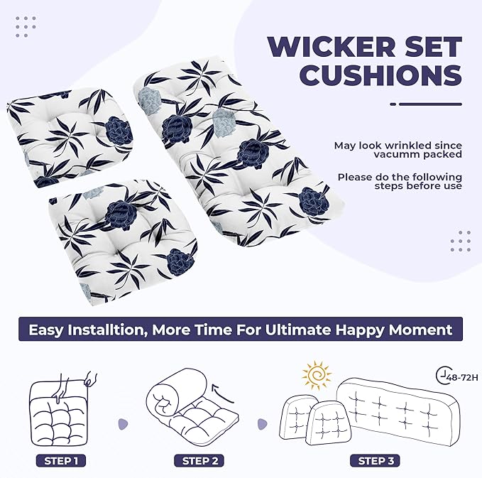 Wicker Chair Cushions, Waterproof Outdoor Loveseat Cushions for Patio Furniture, Tufted Wicker Furniture Cushions, 1 Loveseat and 2 U-Shaped Cushions (Blue Enchantress)
