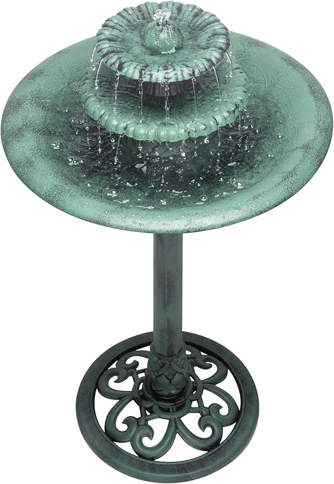 Alpine Corporation 35" Tall 3-Tier Outdoor Pedestal Water Fountain – Durable Resin Cascading Water Feature and Birdbath for Garden, Patio, Deck, and Backyard, Green