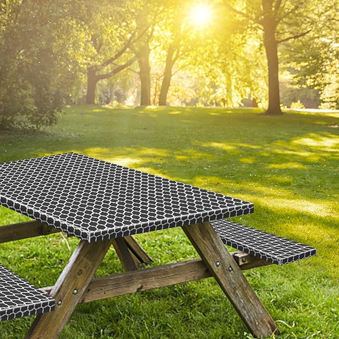 KENOBEE 6ft Picnic Table and Bench Cover, Camping Essentials RV Gear, 72 in Waterproof Windproof Outdoor Elastic All Around Tablecloth, Fitted Rectangle Tables and Seats, Black-White Moroccan
