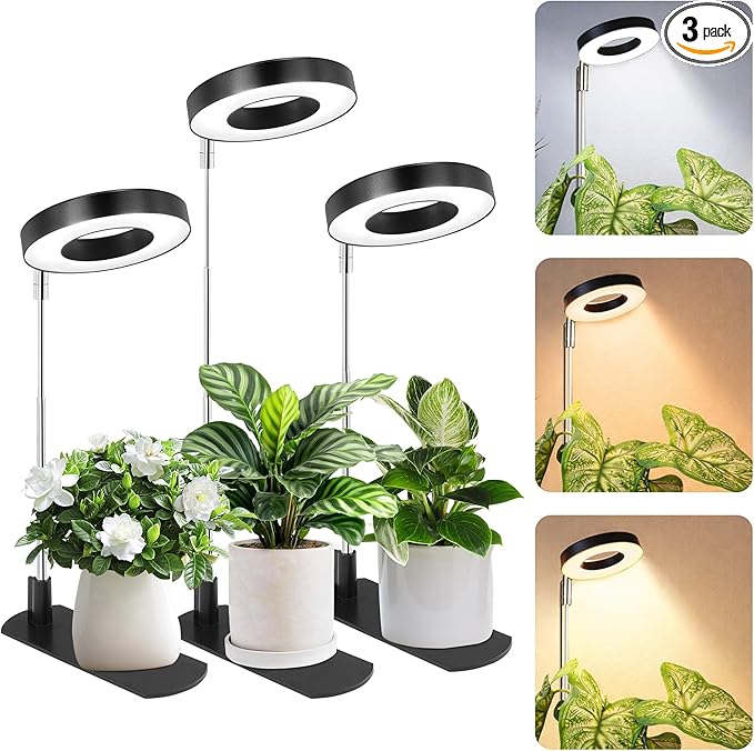 LBW Grow Light for Indoor Plants,Full Spectrum Plant Light with Base,Height Adjustable Plant Grow Lamp with Auto Timer 6/8/12/16H, 3 Colors,5 Dimmable Brightness, for Small Plants,Black, 3 Packs