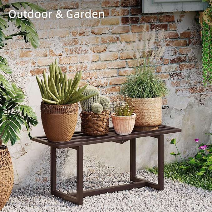 Modern Indoor Plant Stand for Living Room Corner, Foldable Metal Plant Display Shelf for Multiple Pots,Mid Century Slatted Bench for Patio, Garden Load Bearing 330 lbs 26" L x 10.4" H x 8.6" W 2 Pack Coffee
