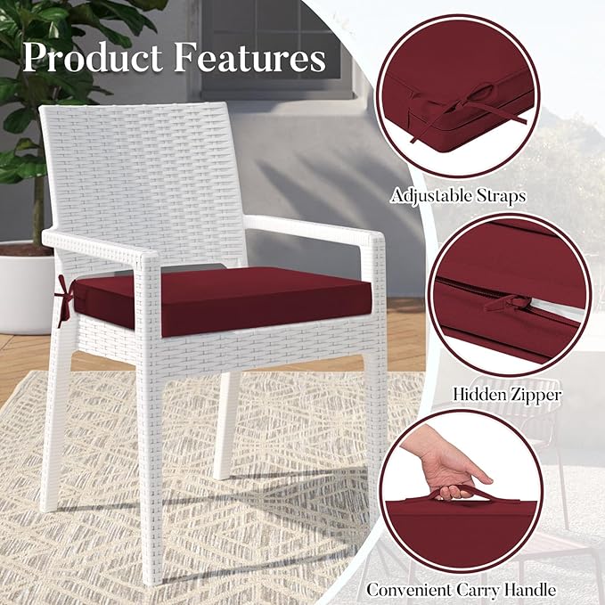 Basic Beyond Outdoor Chair Cushions for Patio Furniture, Waterproof Outdoor Seat Cushions Set of 4 18 x 18, Patio Chair Cushions Set of 4 with Ties and Handle, Burgundy