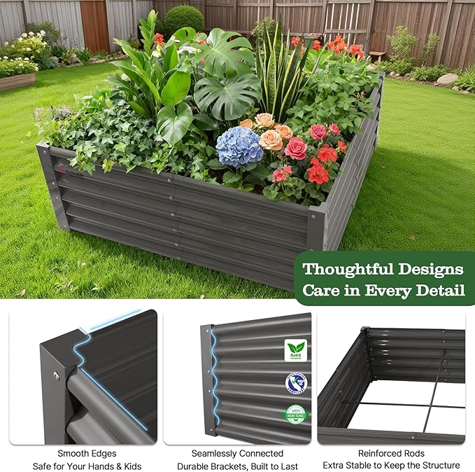 A ANLEOLIFE 6-Piece 18 Inch Tall Quartz Grey Raised Garden Beds Kit, Rectangular & Square Metal Planters for Structured Garden Layouts