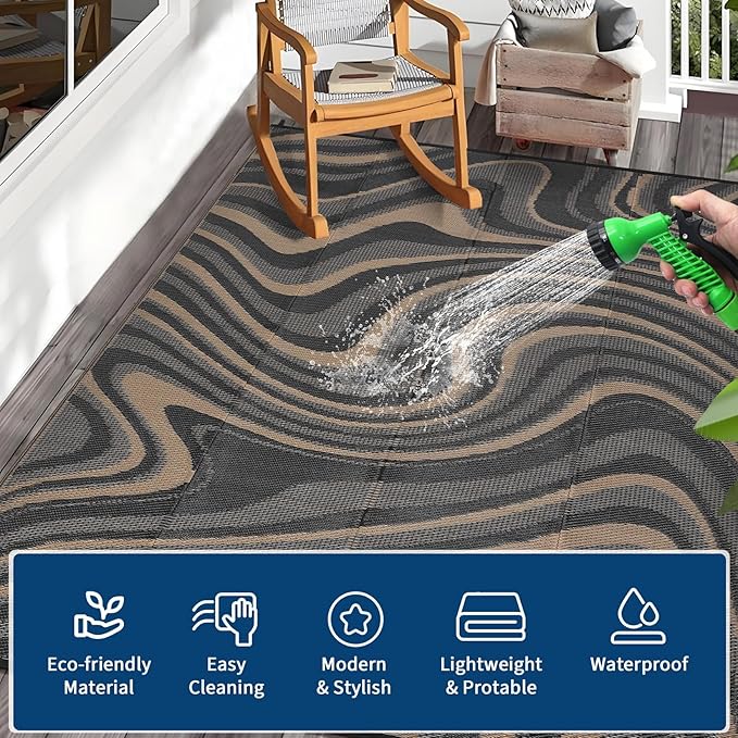 9x12 Outdoor Rug Waterproof Foldable Plastic Straw Carpet for Patio Porch Modern Abstarct Reversible Mat Lightweight Floor Mat for Picnic, Beach, Deck, Camper, Balcony，Black/Gray/Brown