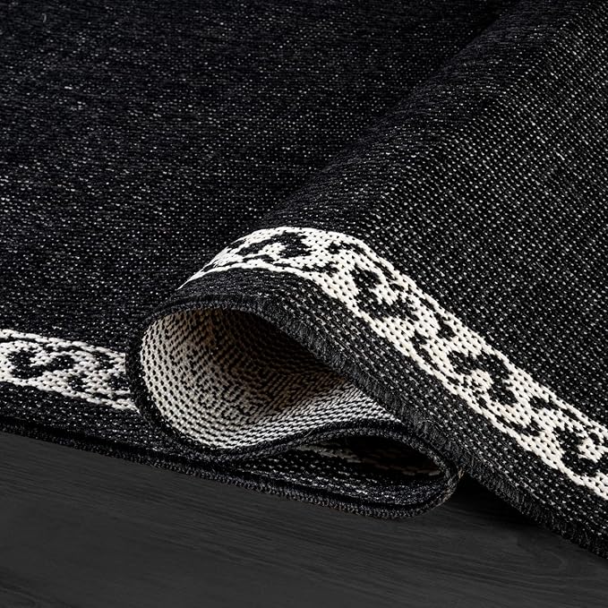 Washable Outdoor Rug 9x12 Modern Area Rugs Outdoor Carpets Bordered Pattern Non Shedding Waterproof Easy Clean Patio Deck Porch Living Room Bedroom Garden RV (9 X 12 Black)