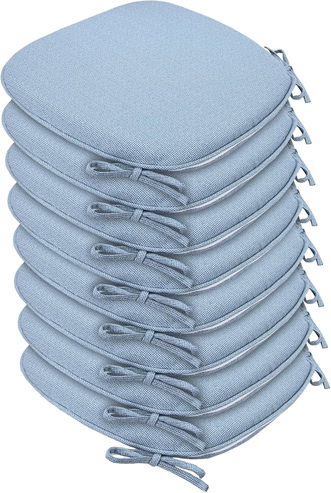 SleepMan Outdoor 17"x16" Chair Cushions with Ties Set of 8, Water Resistant All Weather U-Shape Seat Pads for Patio Garden Furniture Indoor Fade Resistant Patio Cushions (Light Blue)