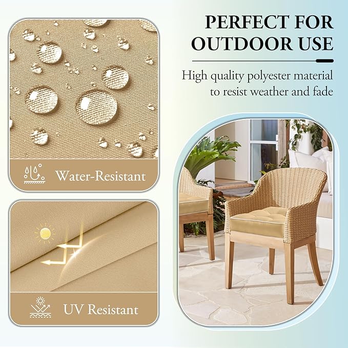 Wellsin Outdoor Chair Cushions Set of 2, Patio Cushions for Outdoor Furniture, Tufted Waterproof Outdoor Chair Pads, 19 x 19 Inch, Khaki