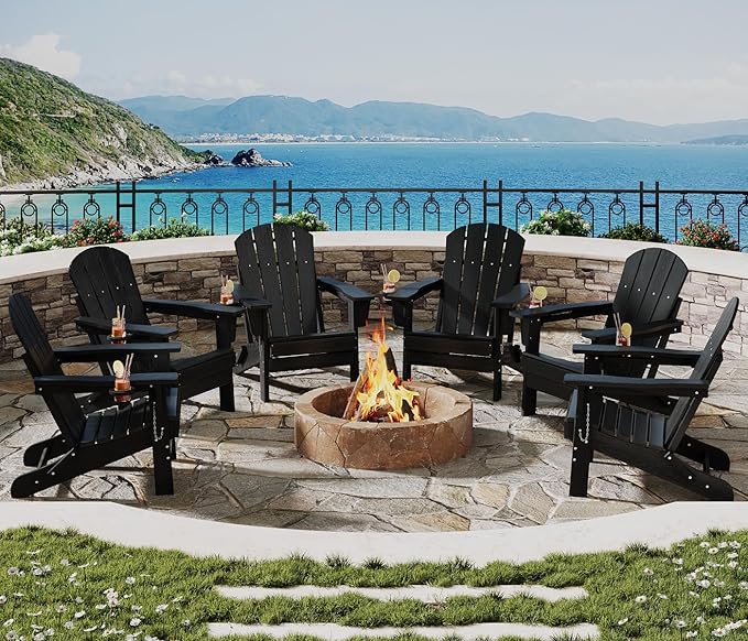 Folding Adirondack Chair Set of 6, All-Weather HDPE Outdoor Chair, Wooden Textured with Cup Holder for patios, Decks, Gardens, fire pits, Black