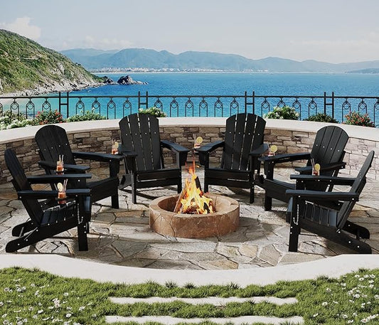 Folding Adirondack Chair Set of 6, All-Weather HDPE Outdoor Chair, Wooden Textured with Cup Holder for patios, Decks, Gardens, fire pits, Black