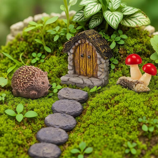 Bucherry 8 Pcs Fairy Garden Decor Including Tiny Circular Arch Door, Hedgehogs & Wood Mushroom Sculpture, Stone Path Road Fairy Wild Garden Supplies Terrarium Miniature DIY Accessories
