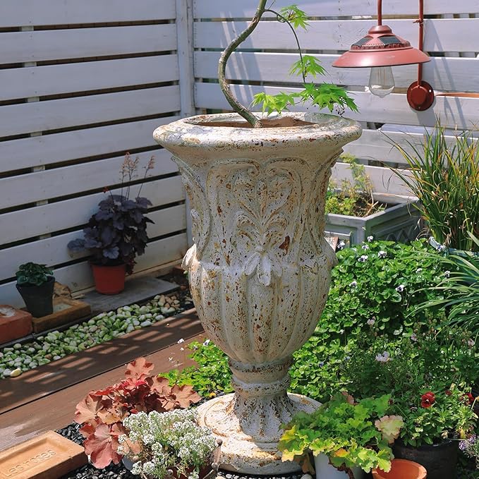 VISIBLE Vintage European Giant Garden Urn Planter, Decorative Cement and Fiber Flower Pot, Make Rust Finished, Wrap Foam Safely Delivered from Local Warehouse (Vintage, Large)