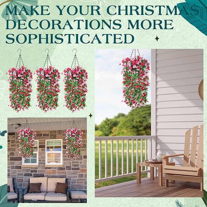 Hotop 2 Set Artificial Hanging Flower Basket and 6 Pcs Bougainvillea Silk Vine Flower for Outdoor Indoor UV Resistant Faux Hanging Plant Coconut Lining Planter Pot(Rose Red, Pink)