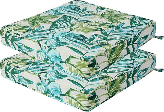 Outdoor Chair Cushions 18x18 Inch,Set of 2,Water Resistant Chair Pads with Ties,Square Seat Cushion 18"x18"x2.5",Patio Chair Cushion for Garden,Backyard Furniture(Palm Leaf)
