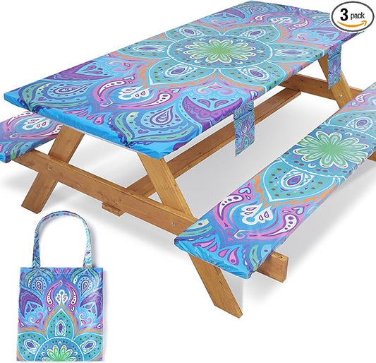 Picnic Table Cover with Bench Covers Non Slip Waterproof Vinyl Tablecloth for 8 Foot Rectangle Tables Gardening Needs Camping Rv Roadtrip Items for Tent Camper Gift for Teen Woman Man