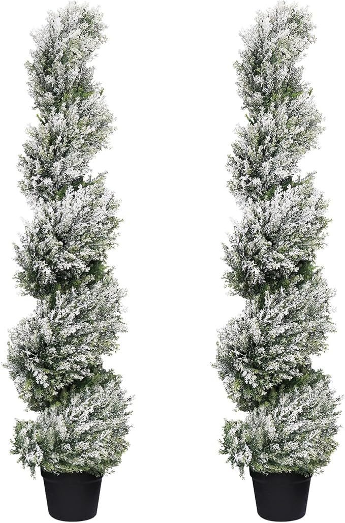 THE BLOOM TIMES 4ft Tall Spiral Artificial Topiary Trees Set of 2, 48 inch Large Faux Snow-Flocked Cedar Trees for Front Porch Planter Decor, Fake Plants for Indoor or Covered Outside Display 4 Foot