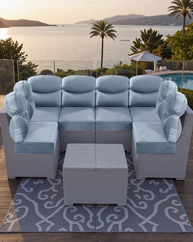 Luxury 24x24x6 Outdoor Seat Cushions for 6-Seat Sectional Sofa Set of 6 - Water-Repellent 14-Piece Patio Cushion Set for Outside Wicker Loveseat Chair L-Shape Couch - Baby Blue/Smile
