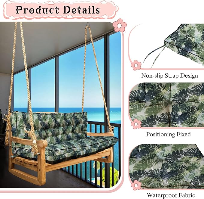 2-3 Seat Swing Replacement Cushion, Outdoor Bench Cushions with Backrest Thicken 4", Patio Furniture Garden Porch Loveseat Glider Pad Anti-Fading Waterproof (Palm Leaves, 40x70in-thicken)