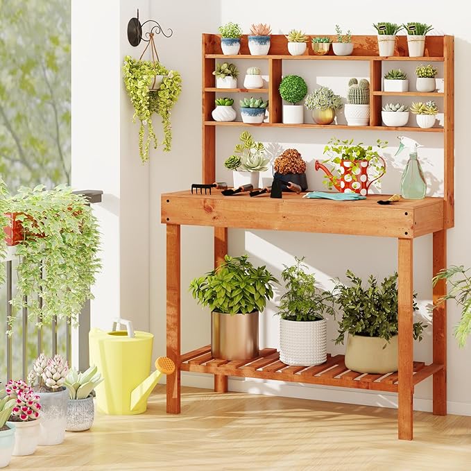 Giantex Potting Bench Table, Outside Solid Wood Gardening Table with Flip-up Tabletop, Storage Shelves, Indoor Outdoor Wooden Workstation for Patio Porch Balcony, Potted Plant Display Rack (Brown)
