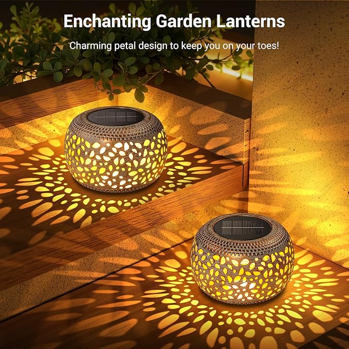 Solar Table Lanterns Outdoor Waterproof: 2 Pack LED Lamps for Patio - White Hollow-Out Metal Retro Solar Light Decor Gift for Women Mom Mothers Day Yard Garden Balcony Indoor Desk Tabletop Decorations
