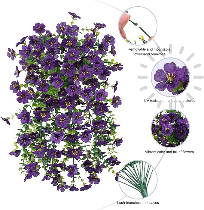 HyeFlora Artificial Flowers for Outdoors Garland Decoration, 2Pcs Dark Purple Fake Hanging Flowers, UV & Fading Resistant, Faux Decor for Home Porch Patio Balcony Planter Yard