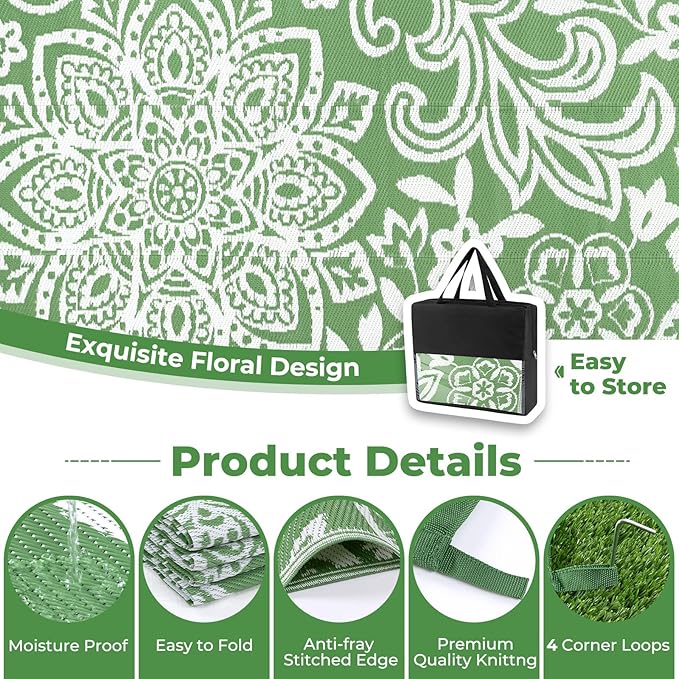 Findosom Waterproof Outdoor Rug 8' x 10' - Reversible Mandala Outdoor Plastic Straw Rug, Durable Foldable Patio Rug for RV, Deck, Balcony, Backyard, Picnic, Porch, Camping, Beach, Green