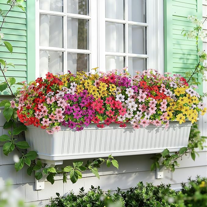 SHareconn 24 Bundles Artificial Flowers for Outdoors Spring Decoration, Fake Silk Realistic Faux Plants UV Resistant for Outside Planter Porch Patio Summer Indoor Decor, RedRosePurpleYellowPinkWhite