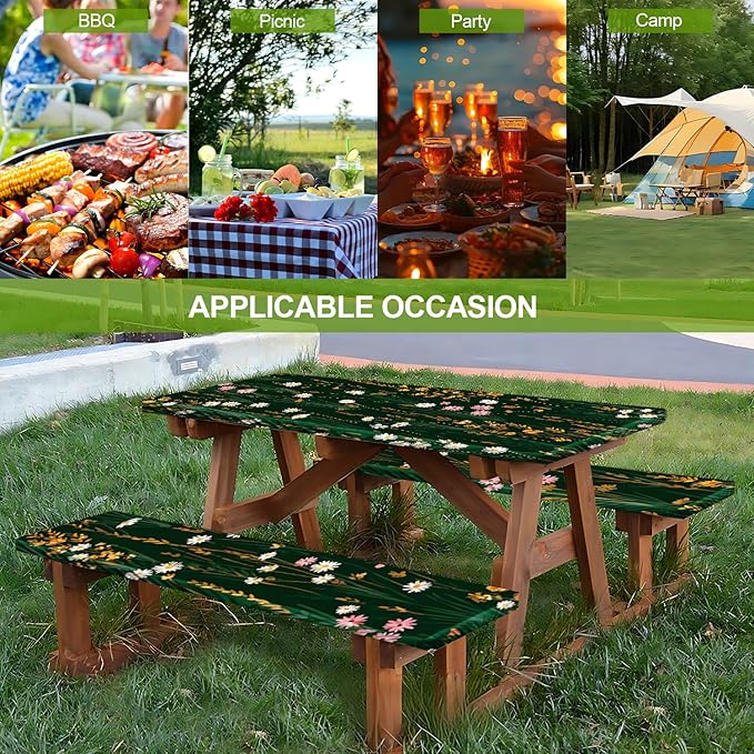 Picnic Table Cover with Bench Covers Set of 3 - Vintage Floral White Flowers on Dark Background, Elastic Fitted Tablecloth for 6 Ft Tables, Washable Polyester Cover for Patio, Indoor & Outdoor