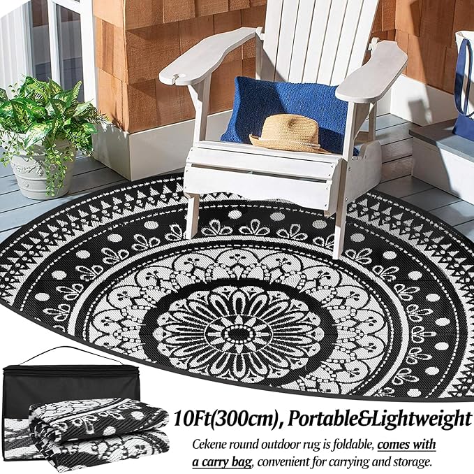 Cekene Round Outdoor Rugs for Patio 10Ft Waterproof Reversible Outdoor Patio Rugs Black Lightweight Plastic Straw Rugs Portable RV Camping Mat Floor Carpet for Deck Porch Picnic BBQ