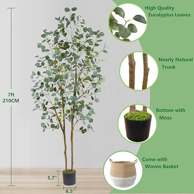 Artificial Eucalyptus Tree, 7ft Tall Silk Leaves Fake Plant with Basket for Outdoor Indoor, 83'' Faux Eucalyptus Trees for Home Office Livingroom Floor Décor