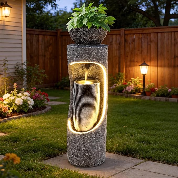 40" Tall Outdoor Water Fountain, Dual-Layer Column Garden Fountain with Bird Feeder, Resin Soothing Cascading Waterfall Foutain for Patio, Backyard, Garden or Porch Decor