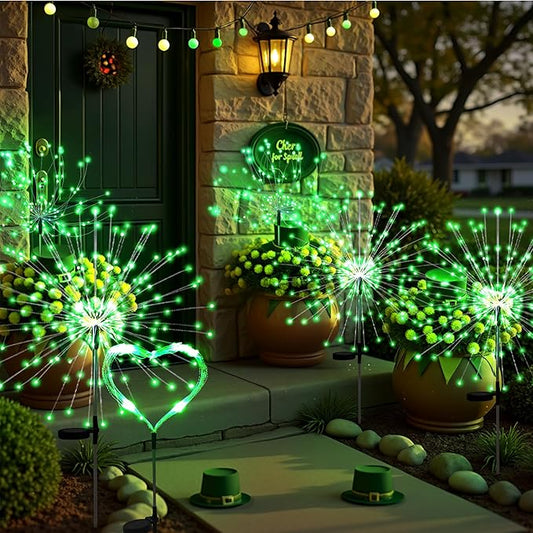 6Pack Garden Decor Outdoor Lights 120LED, Solar Garden Lights for St. Patrick's Day Outside Fairy Firework Decorative,Solar Powered for Yard Pathway Party Balcony Patio Decor (Green)