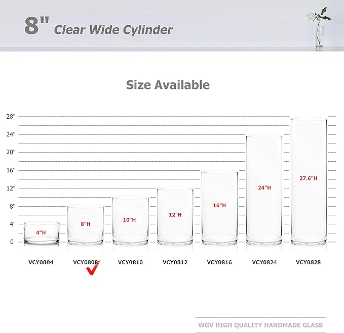 WGVI Thick Weighted Clear Right Cylinder Glass Vases, 8" W x 8" H, Equilateral Cylinder Glass Candle Holders Flower Arrangement Centerpieces Tabletop Storage Container Decor, Bulk Wholesale, 6 Pcs