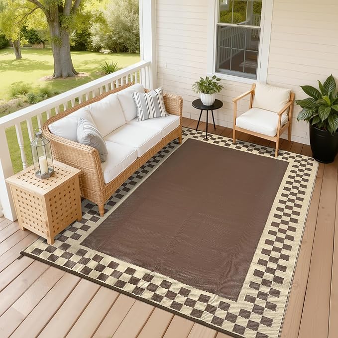 Garvee 8x10 Outdoor Waterproof Rug Reversible Modern Geometric Neutral Outdoor Patio Rug, Weather Resistant Plastic Straw Rugs Portable Camping Carpet for Garden Backyard Balcony,Brown & Beige