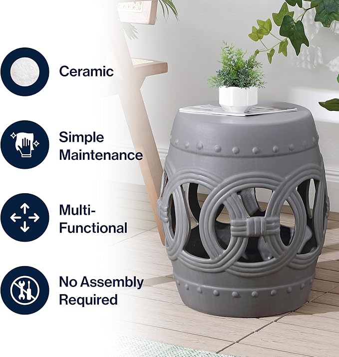 JONATHAN Y TBL1022F Lucky Coins 16" Chinese Ceramic Drum Indoor/Outdoor Garden Stool Bohemian, Coastal, Cottage, French Country, Traditional, for Living Room, Garden Room, Patio, Matte Gray
