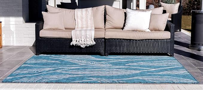 Unique Loom Outdoor Botanical Collection Area Rug - Leaf (5' 3" x 8' Rectangle, Teal/ Ivory)